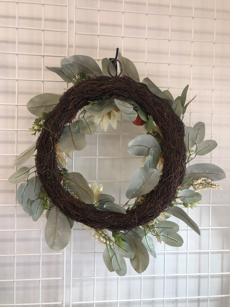 WHITE FAUX FLOWER, PUMPKIN WREATH.