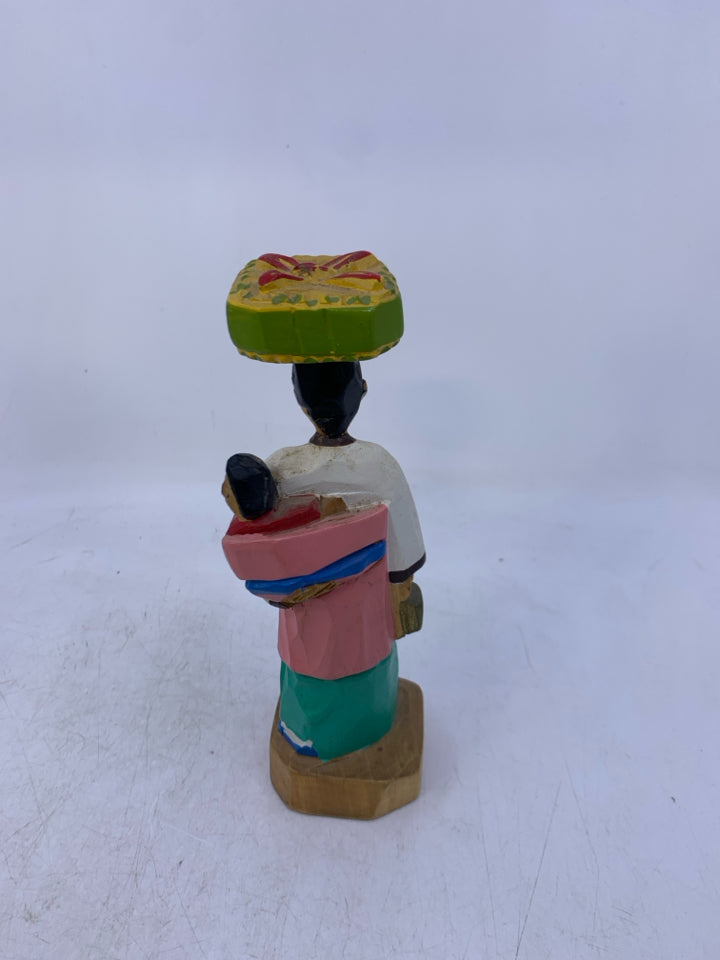 HAND CARVED PAINTED WOMAN HOLDING CHILD W/ BOX ON HEAD MADE IN KOREA.