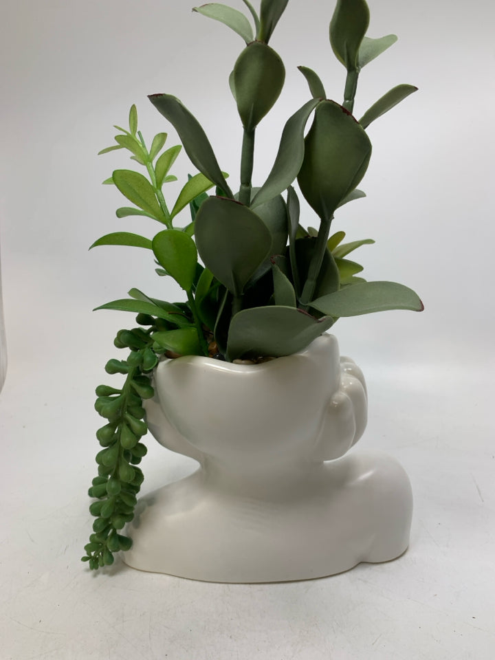 WHITE WOMAN FACE PLANTER W/ FAUX SUCCULENTS.