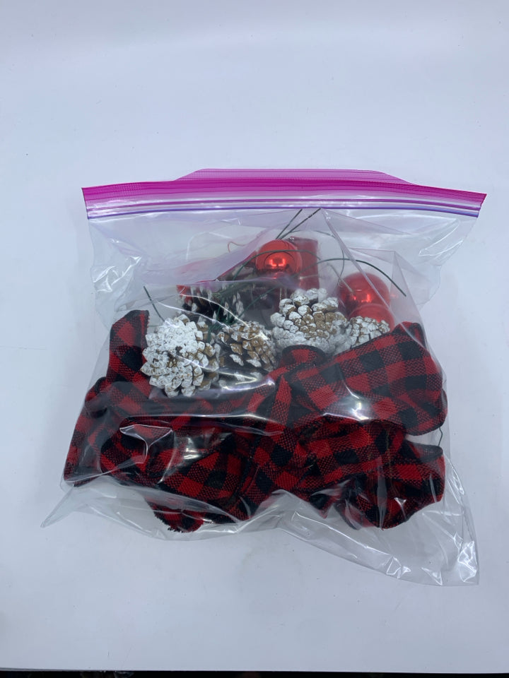 BAG OF WREATH DECOR- WHITE PINECONES & RIBBON.