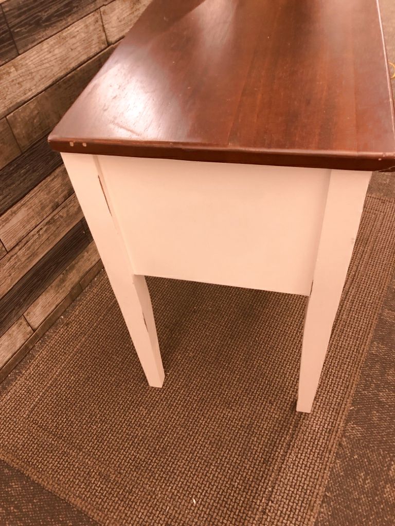 WHITE W DARK WOOD TOP SIDE TABLE W 1 DRAWER AND STORAGE.