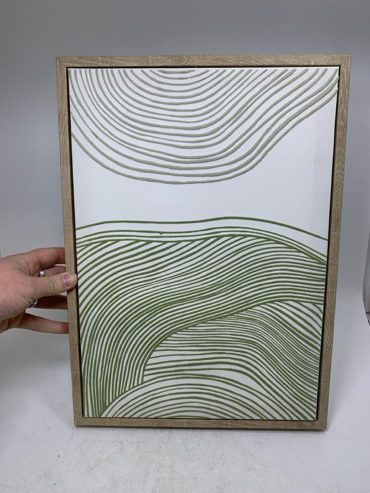 EMBOSSED ABSTRACT GREEN LINES FRAMED CANVAS.