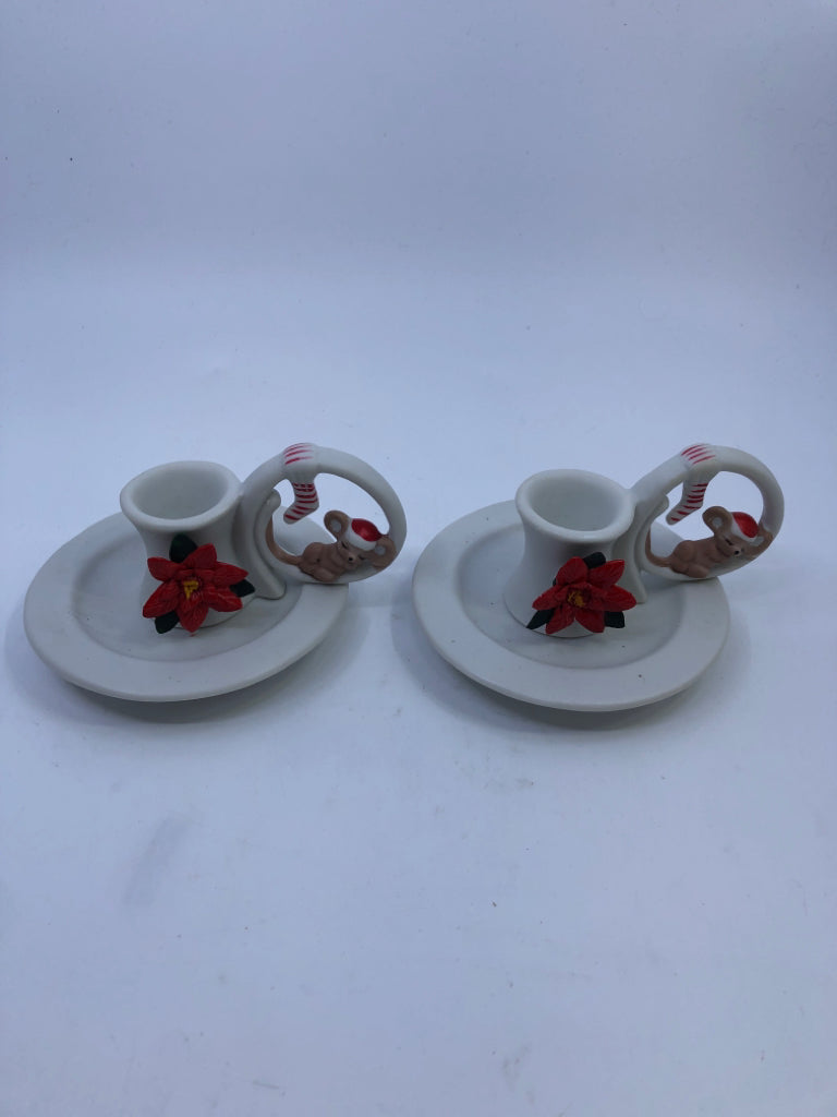 2 VTG POINSETTIA AND EMBOSSED MOUSE TAPER CANDLE HOLDERS.