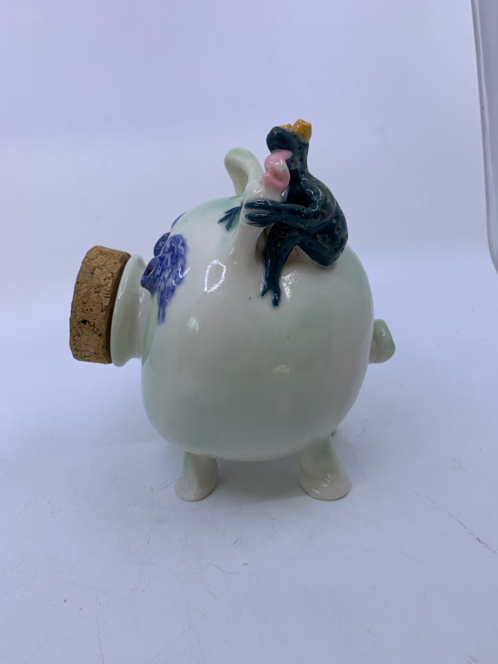 MINT GREEN POTTERY PIGGY BANK W/ CORK NOSE/ FROG LICKING EAR.