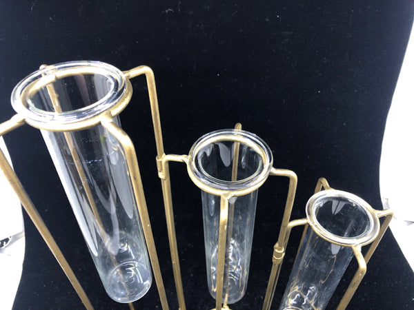 GOLD METAL STAND W 3 GLASS CYLINDER BUD VASES.