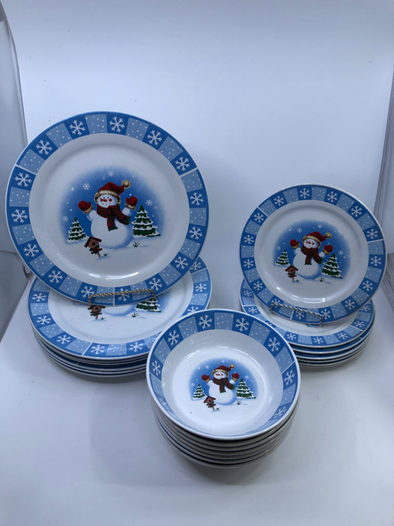 21 PC WHITE/BLUE SNOWMAN DINNER SET.