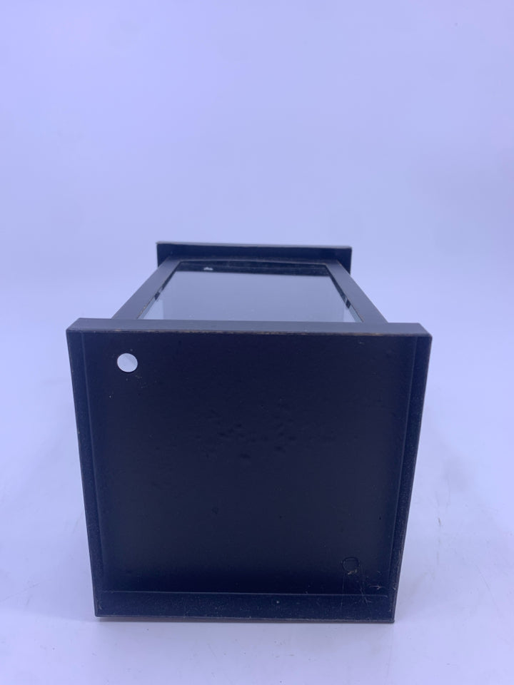 BLACK DISTRESSED LANTERN WITH ELECTRIC WHITE CANDLE.