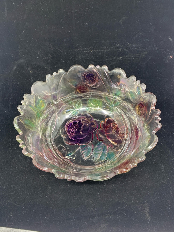 EMBOSSED PINK AND PURPLE FLORAL BOWL.