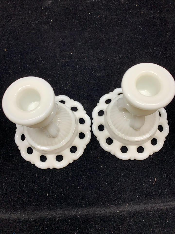 2 PC VTG WHITE OPEN LACE MILK GLASS TAPER CANDLESTICK HOLDER.
