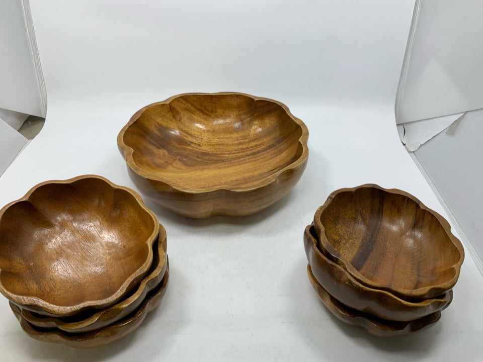 7PC MONKEY POD WOOD SALAD BOWL SET.