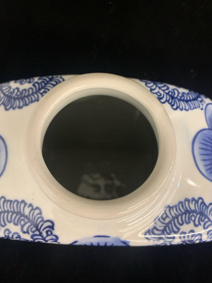 BLUE + WHITE ASIAN STYLE SQUARE GINGER JAR.