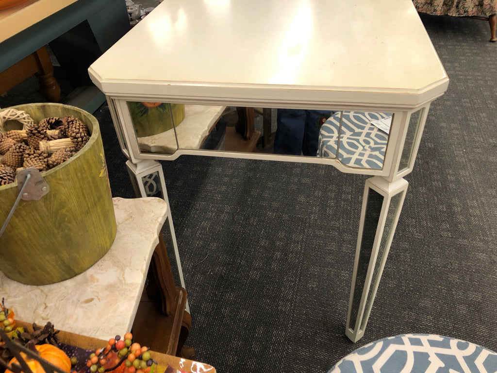 CREAM DISTRESSED PIER 1 DESK W/MIRRORED LEGS & DRAWER.