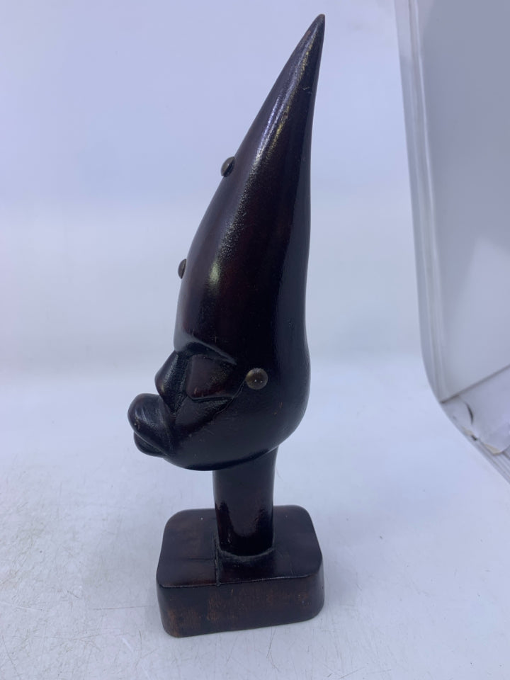 DARK GLOSSY CARVED WOOD POINTED HEAD FOLK ART.