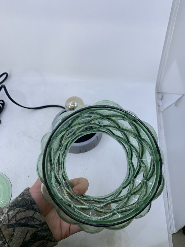 LIGHT UP LAMP WAX WARMER GREEN BUBBLE GLASS W/ METAL CAGE.