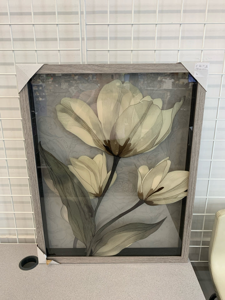 FLOATING MAGNOLIAS WALL ART IN GREY WOOD FRAME.
