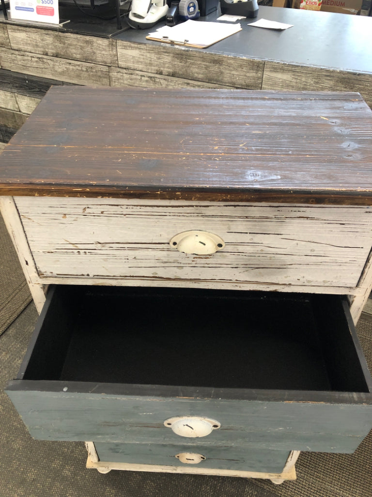 MULTI-COLORED DISTRESSED FARMHOUSE STYLE DRESSER.