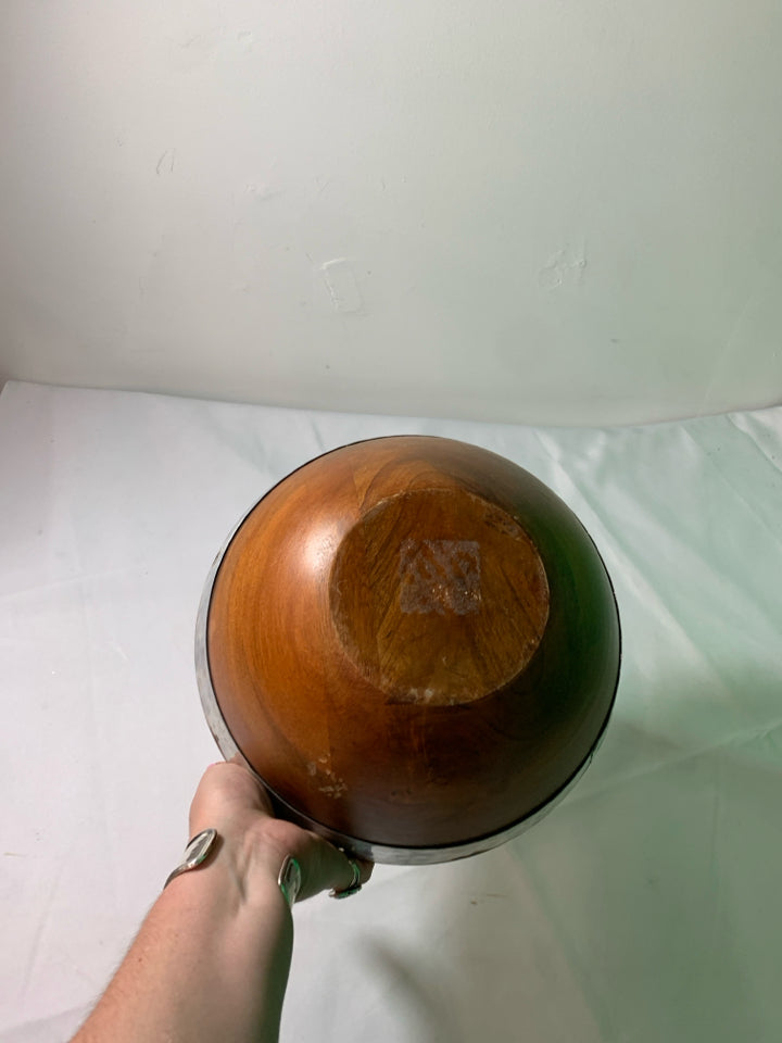 WOOD BOWL W/ METAL BAND AROUND.