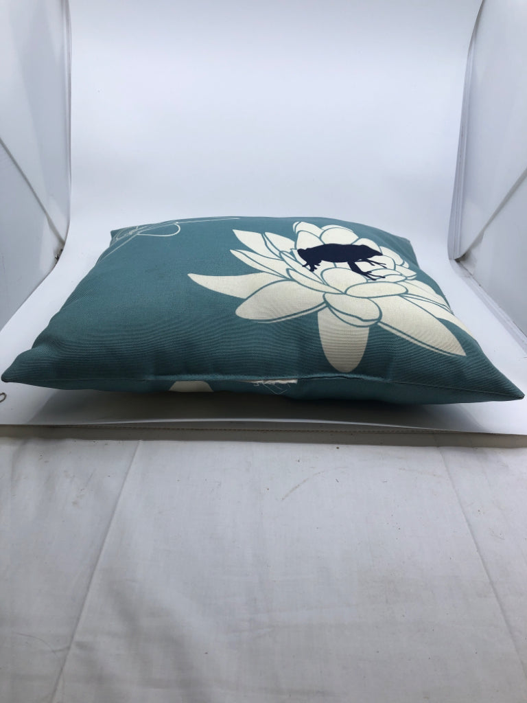 TEAL OUTDOOR PILLOW W LOTUS FLOWER AND FROG.