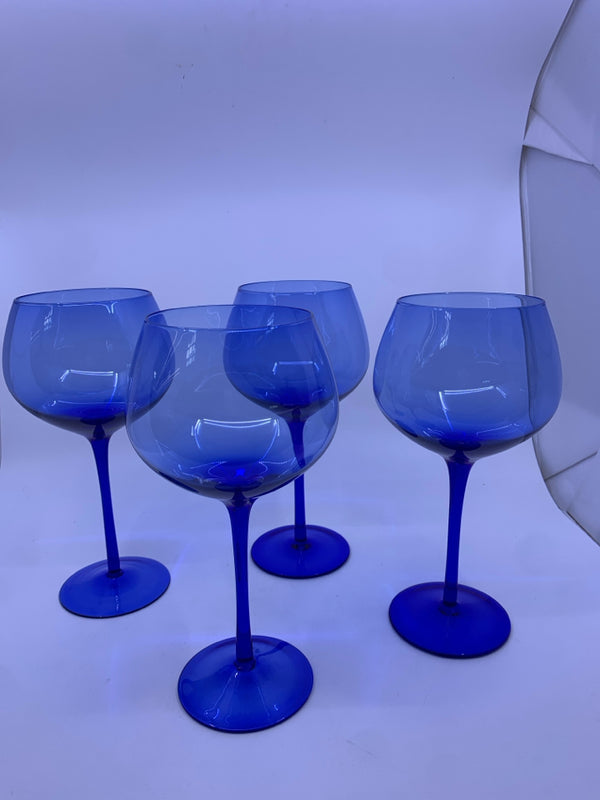4 BLUE GLASS WIDE WINE GLASSES.
