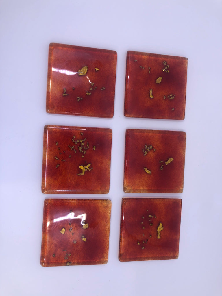 6 RED BLOWN GLASS COASTERS.