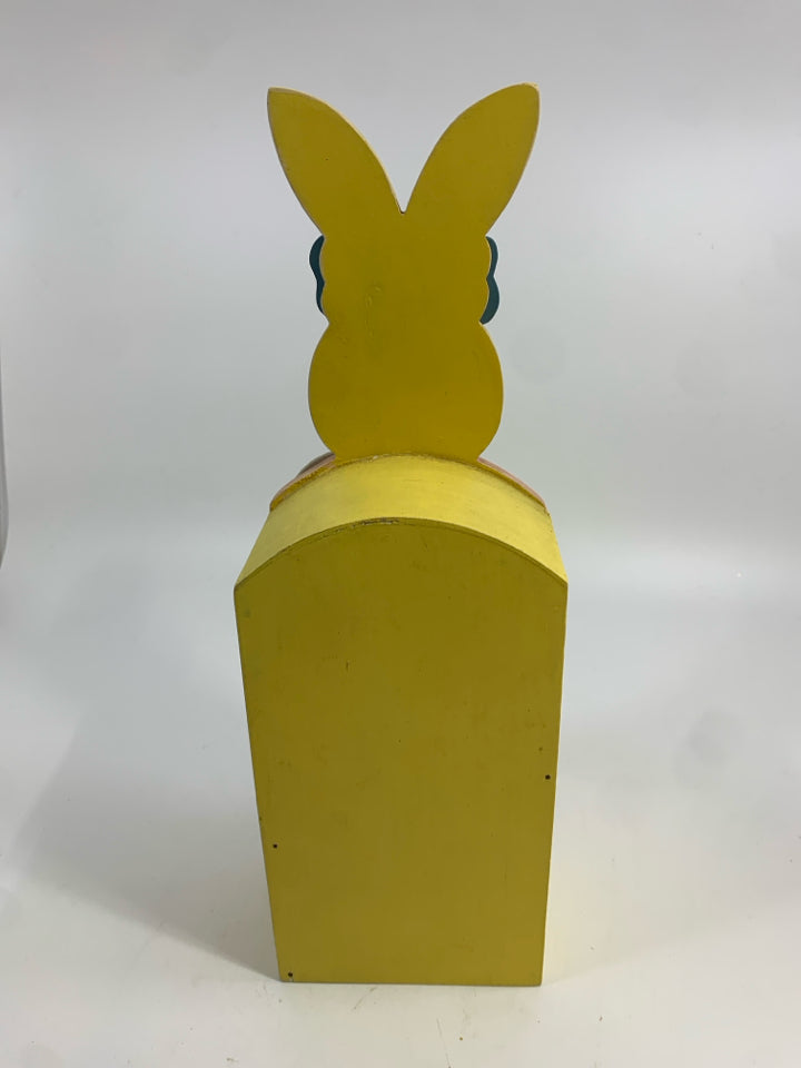 YELLOW PAINTED WOODEN BUNNY TOY CLOSET.