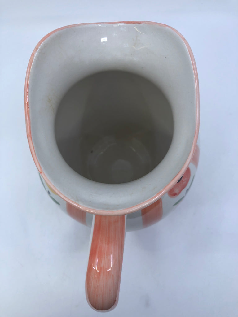 WHITE PITCHER W/ PEACH COLORED STRIPES, APPLES+PEARS.