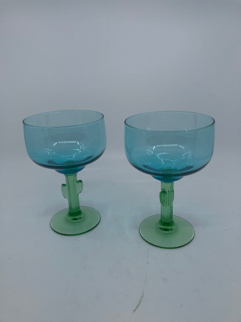 2 BLUE CACTUS MARGARITA GLASSES.