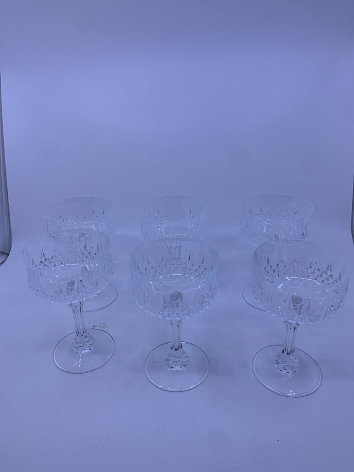 6 CUT GLASS WINE GLASSES.