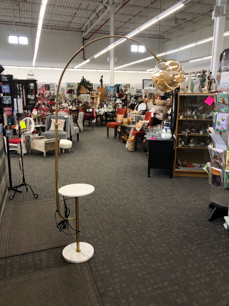 LARGE ARCHED FLOOR LAMP W/ BUBBLE SHADE+ 2 TIER MARBLE TABLE.