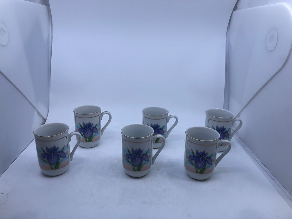 6 VTG PURPLE IRIS FLORAL MUGS.
