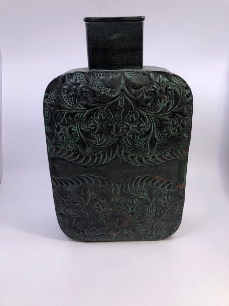 GREEN RUSTIC TIN VASE W/FLORAL DESIGN.