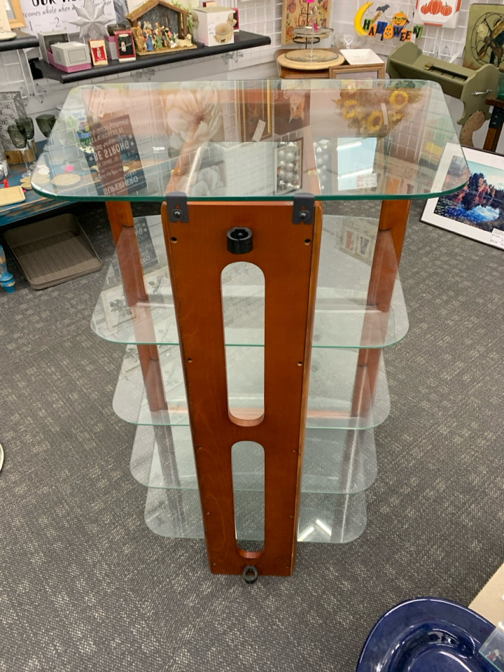 DARK WOOD CORNER SHELF W GLASS SHELVES.