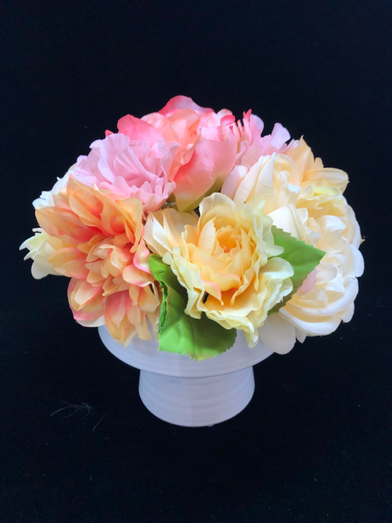 FAUX PINK PEONY BOUQUET IN WHITE CERAMIC PLANTER.