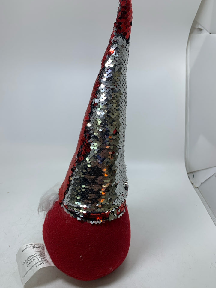 RED PLUSH GNOME W/ RED & SILVER SEQUENCE HAT.