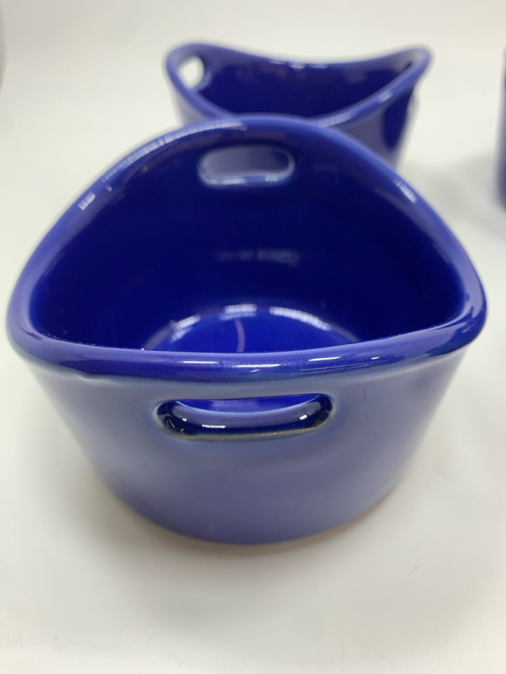 4 COBALT BLUE STONEWARE RAMEKIN W/HANDLES.