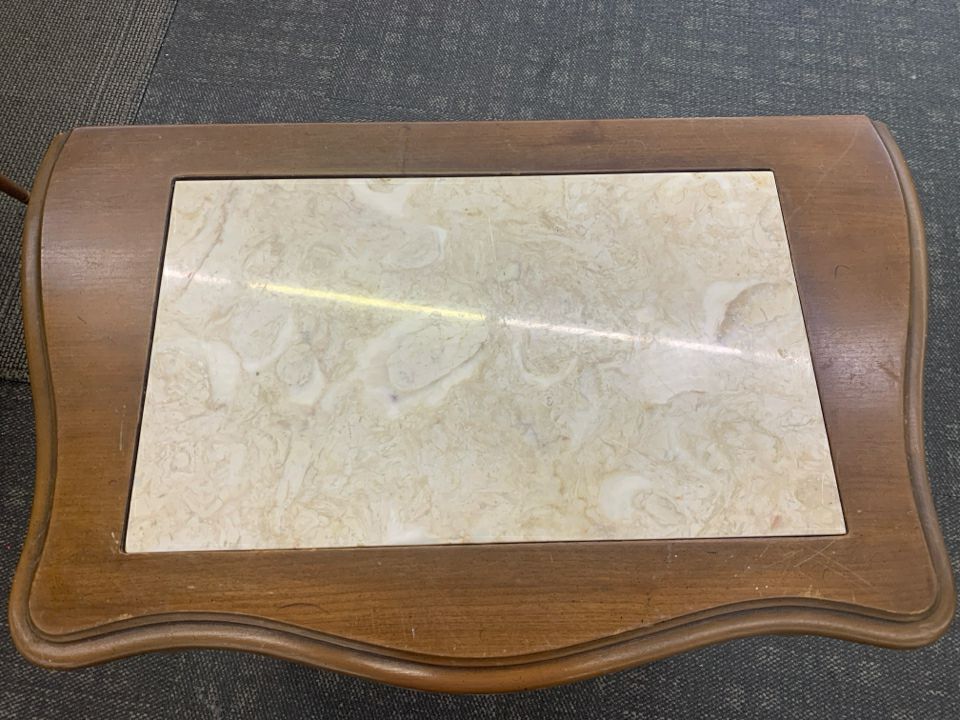 WOOD SIDE TABLE WITH MARBLE TILE TOP.