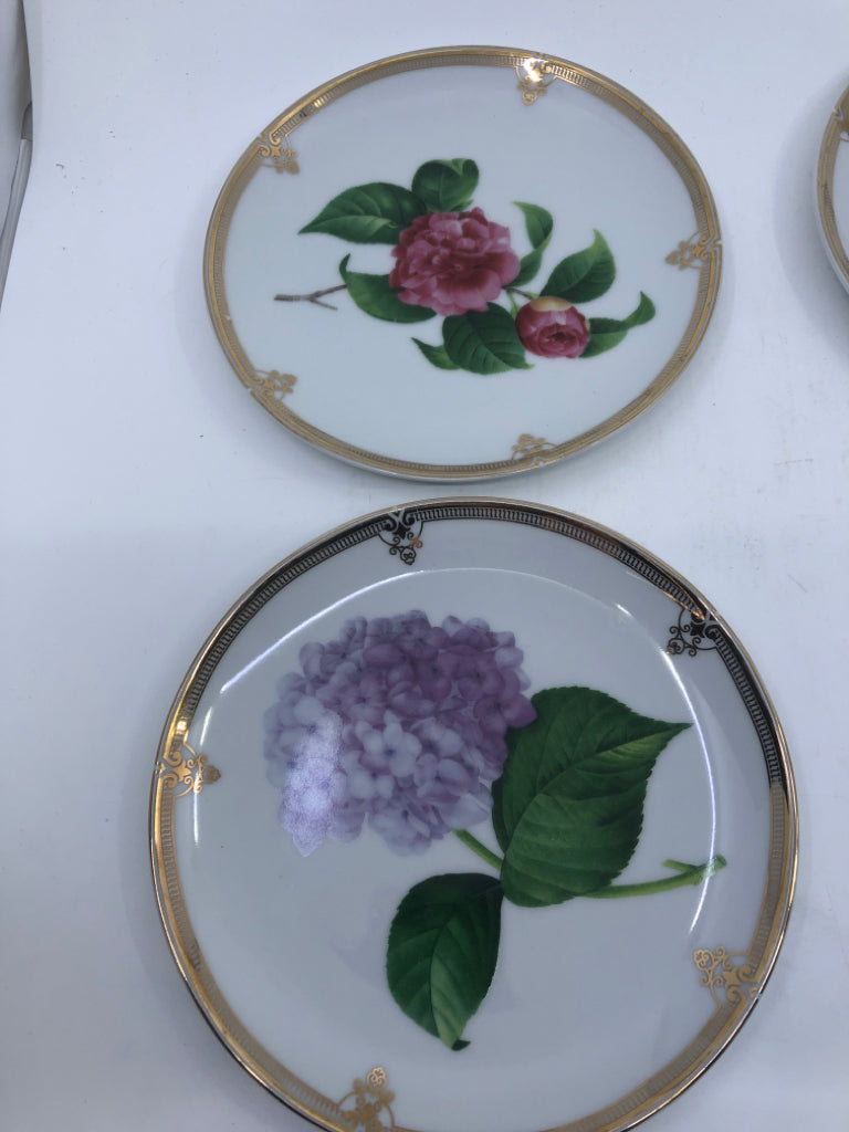 4 LUNCH PLATES W/ PURPLE HYDRANGEA + PINK ROSE.