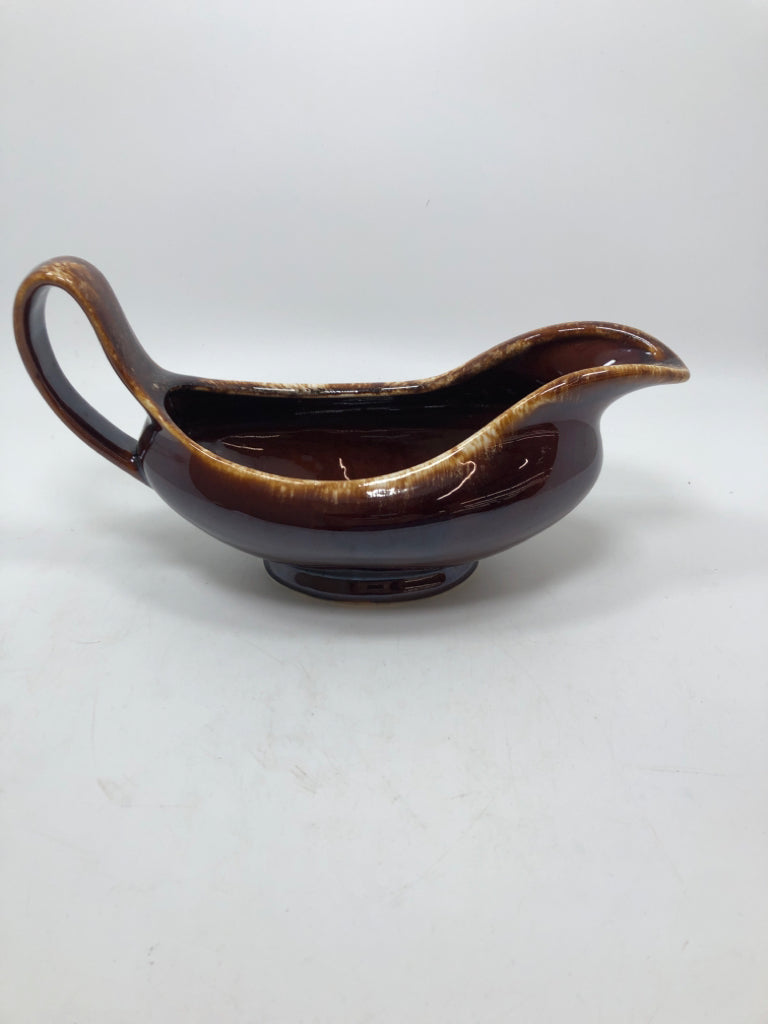 VTG BROWN DRIP GLAZE GRAVY BOAT.