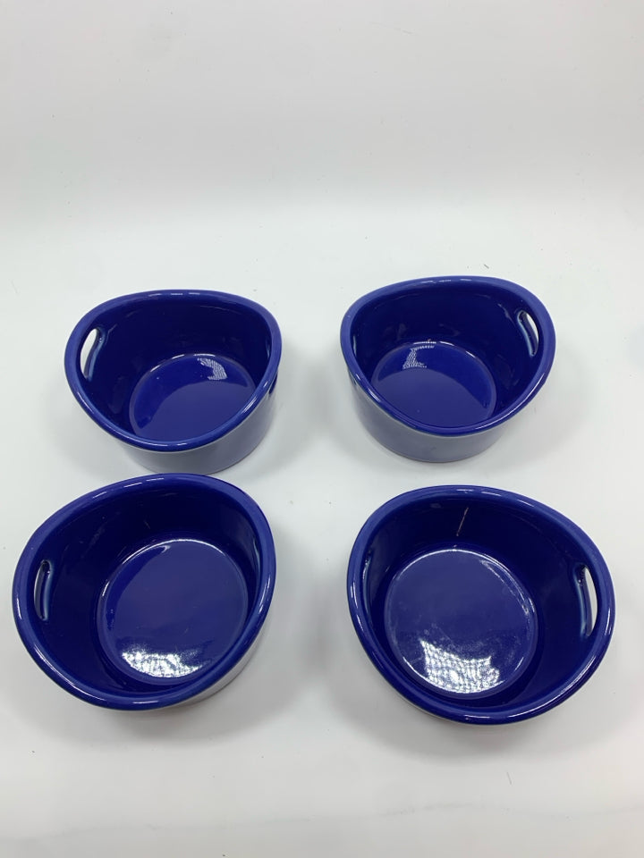 4 COBALT BLUE STONEWARE RAMEKIN W/HANDLES.