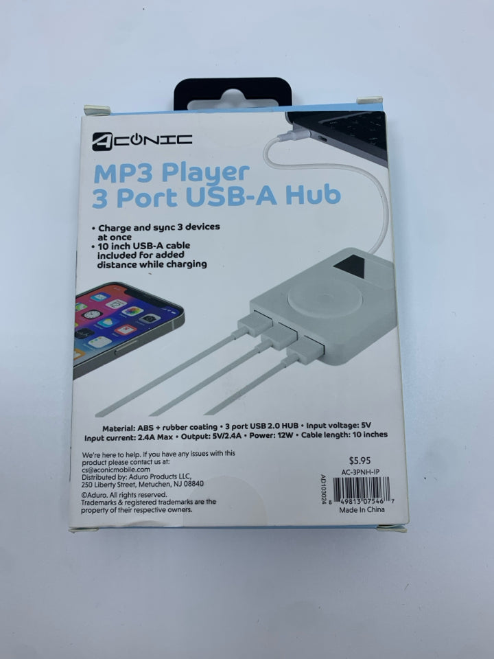 NIB MP3 PLAYER 3 PORT USB-A HUB.