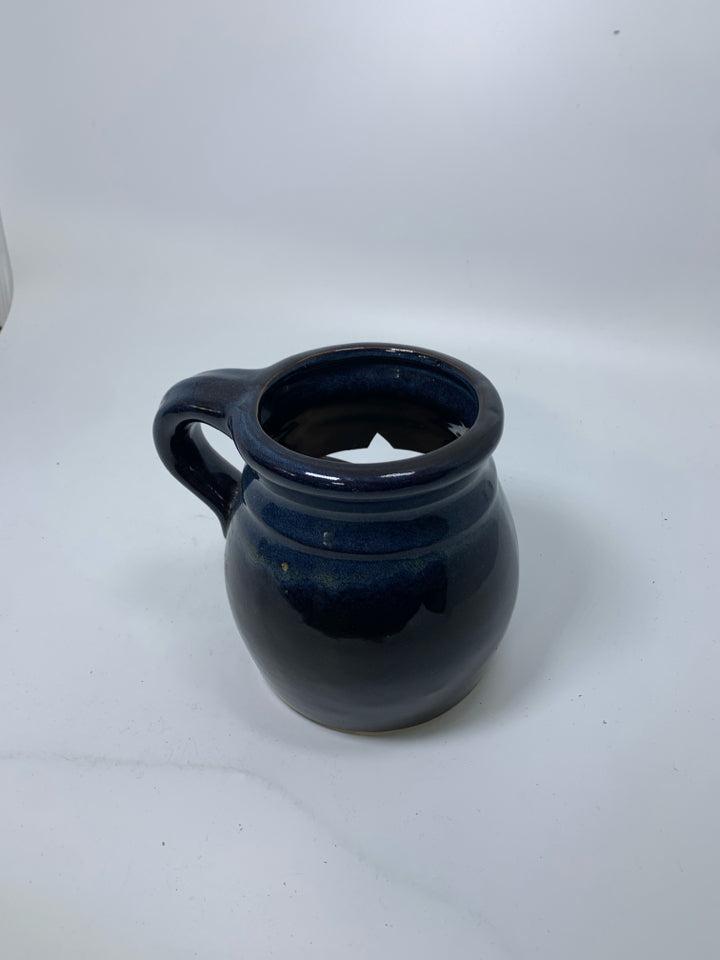 BLACK/BLUE CROCK W/ PIERCED STAR CANDLE HOLDER HANDLE.