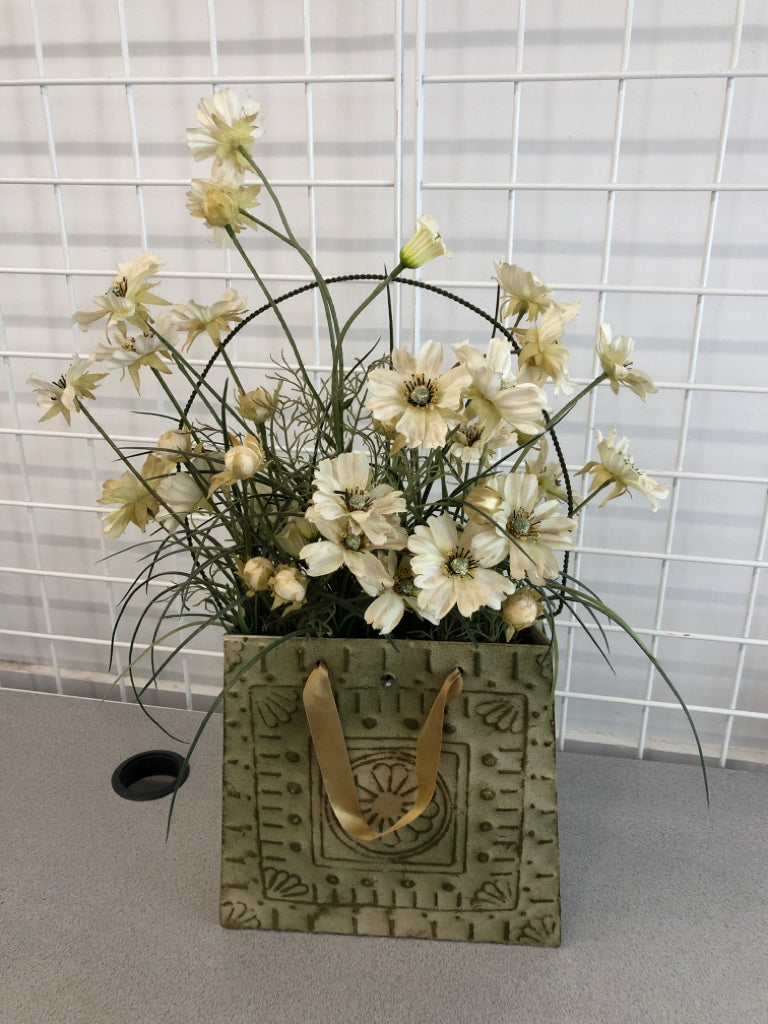 METAL BAG VASE W/WHITE FLORALS.