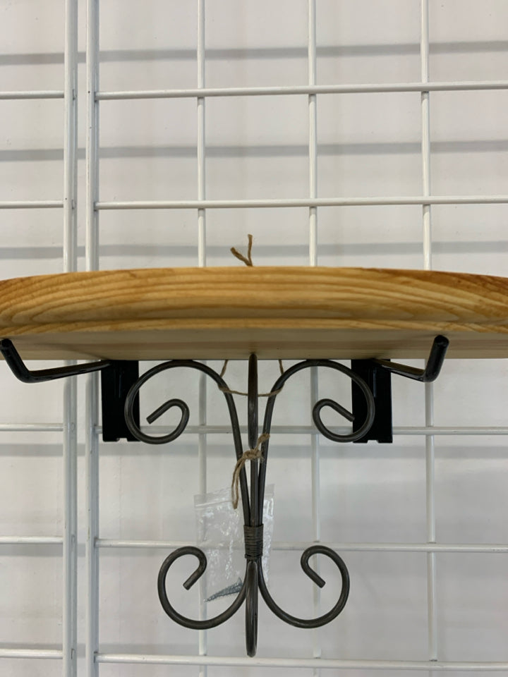 WOOD HALF CIRCLE WALL SHELF W/METAL SCROLL.