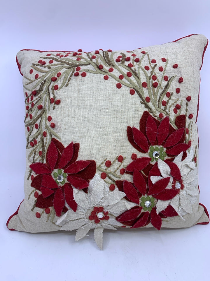 CREAM/RED POINSETTIA ACCENT PILLOW.