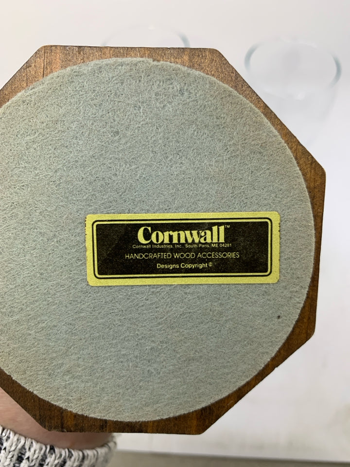 2 WOOD BASE W/ CLEAR GLASS SHADED TAPERED CORNWALL.