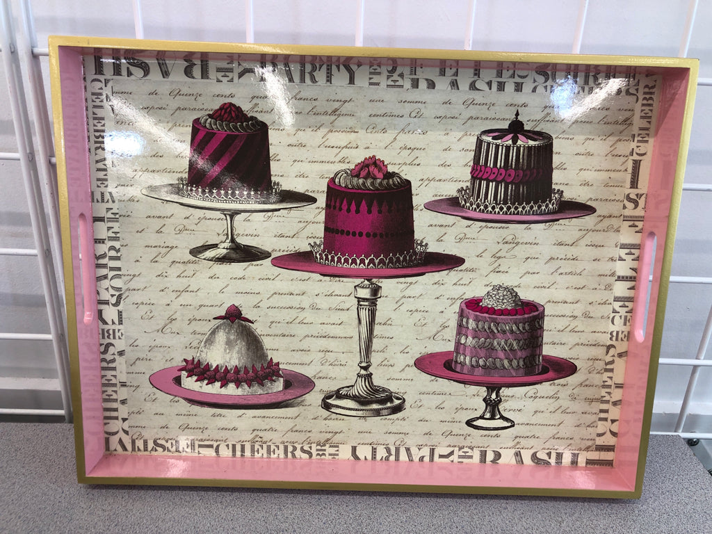 PINK CAKE-PRINT TRAY W/HANDLES.