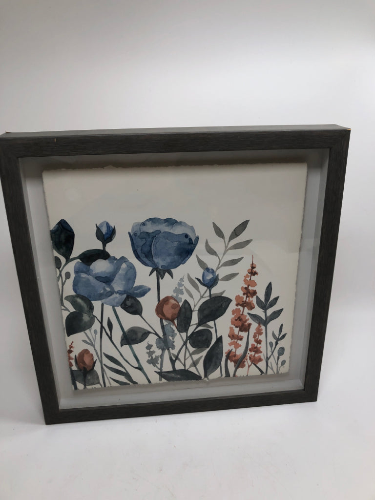 BLUE & ORANGE WATERCOLOR FLORALS IN GRAY FRAME.