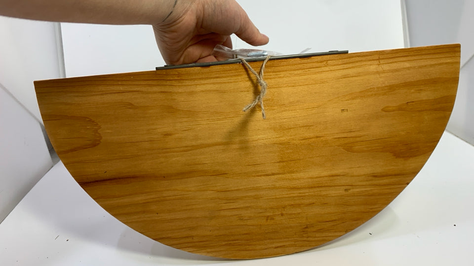 WOOD HALF CIRCLE WALL SHELF W/METAL SCROLL.