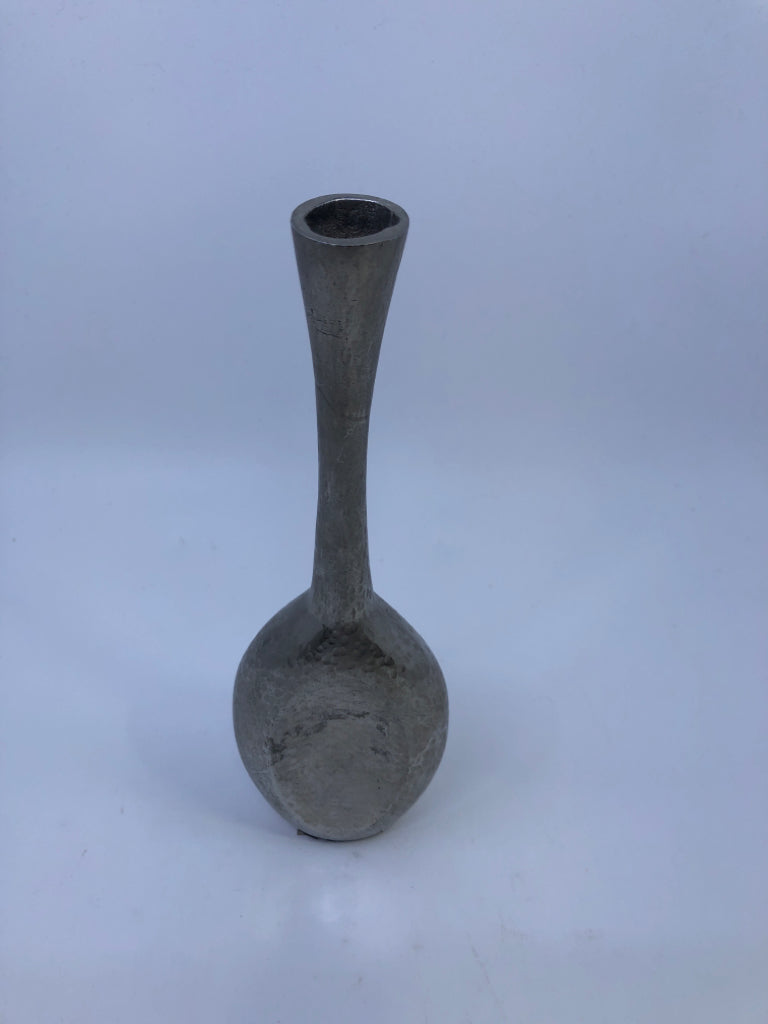 SKINNY NECK SILVER METAL BUD VASE.