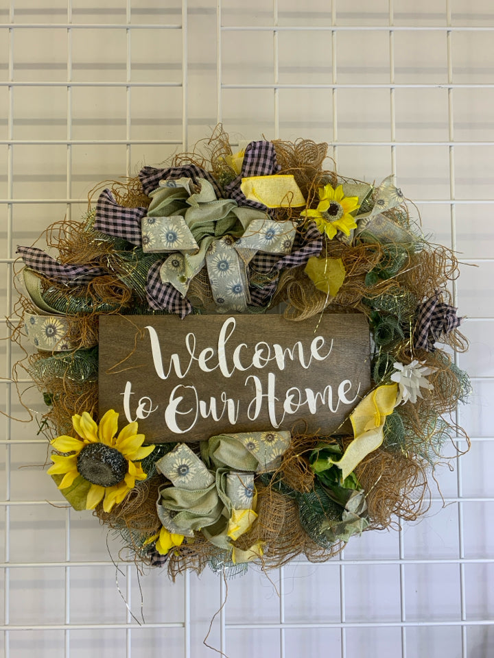 WELCOME TO OUR HOME BURLAP, SUNFLOWER WREATH.